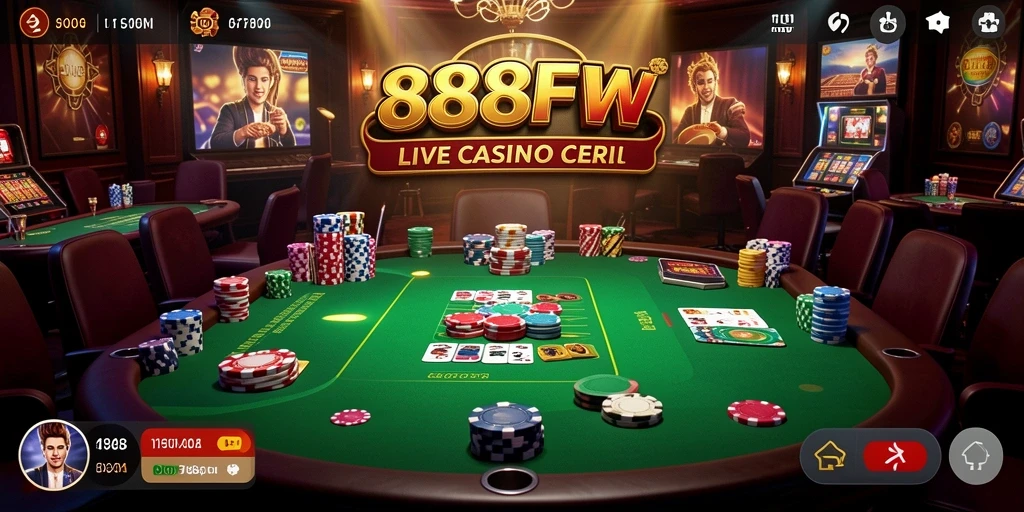 Screenshot gameplay 888FW menampilkan dealer live dan suasana kasino yang mengasyikkan.