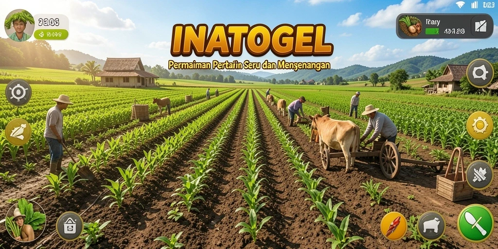 Tampilan gameplay INATOGEL yang menampilkan ladang hijau dan berbagai tanaman.