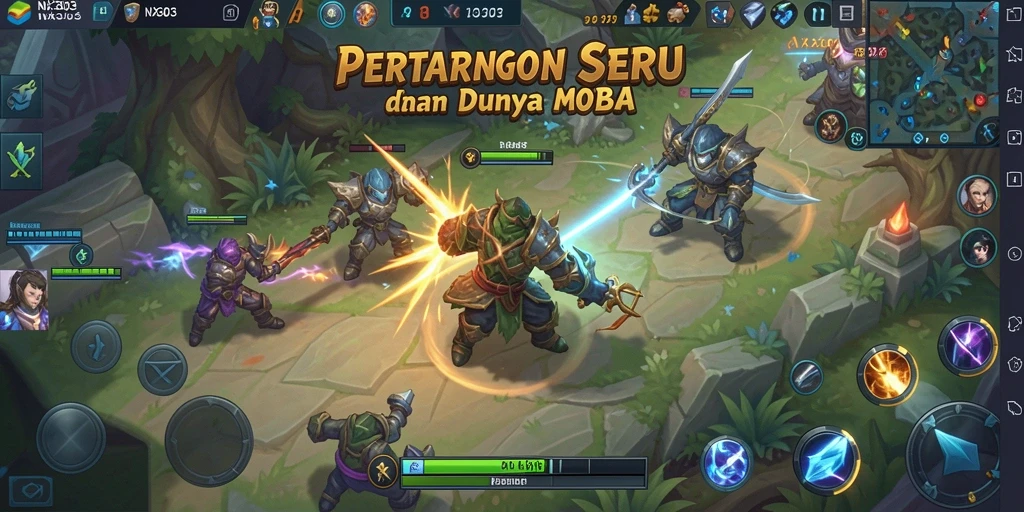 Tangkapan layar gameplay NX303 menampilkan pertempuran MOBA yang intens.