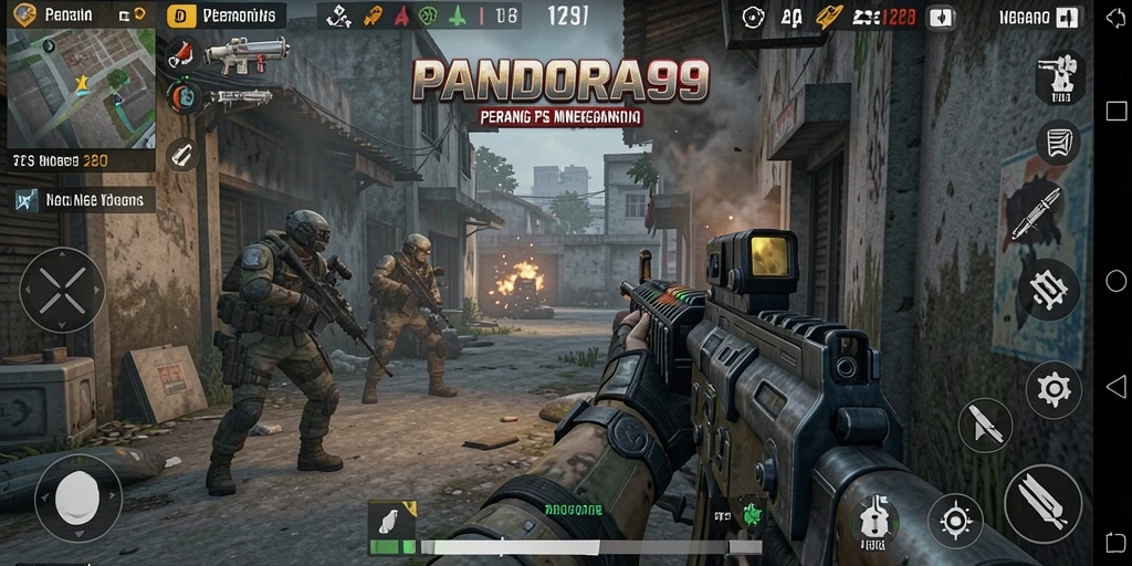 Screenshot utama PANDORA99 menunjukkan aksi tembak-menembak yang intens.