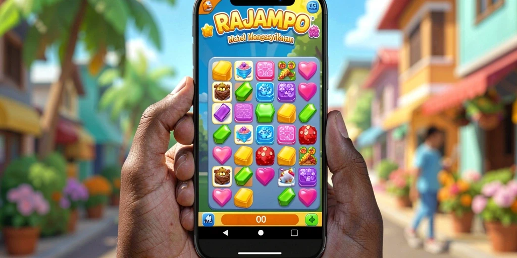 Tampilan gameplay seru di RAJAMPO dengan permata berwarna-warni.