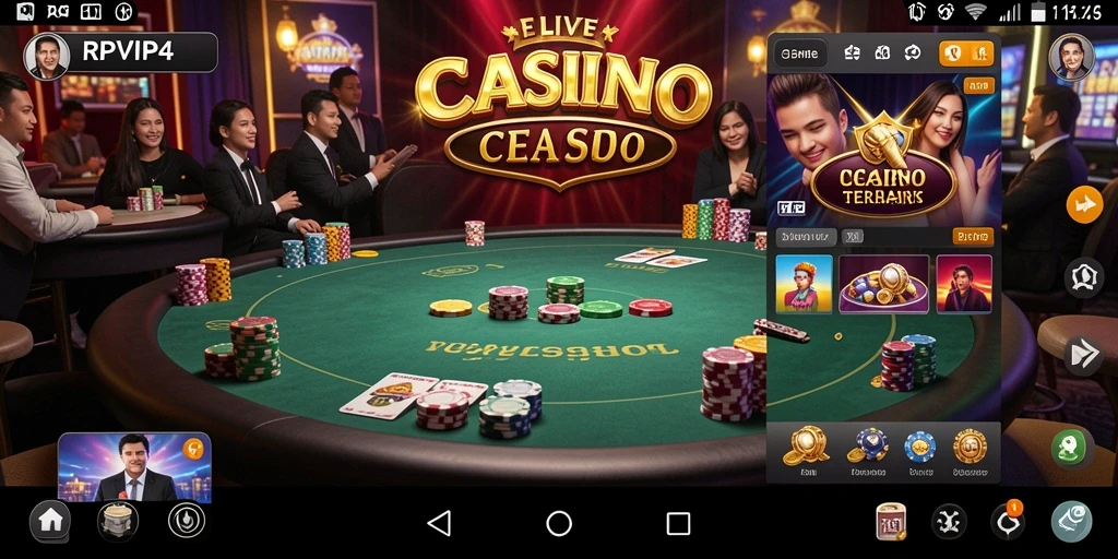 Screenshot RPVIP4 menampilkan dealer langsung dalam suasana kasino yang mengesankan.