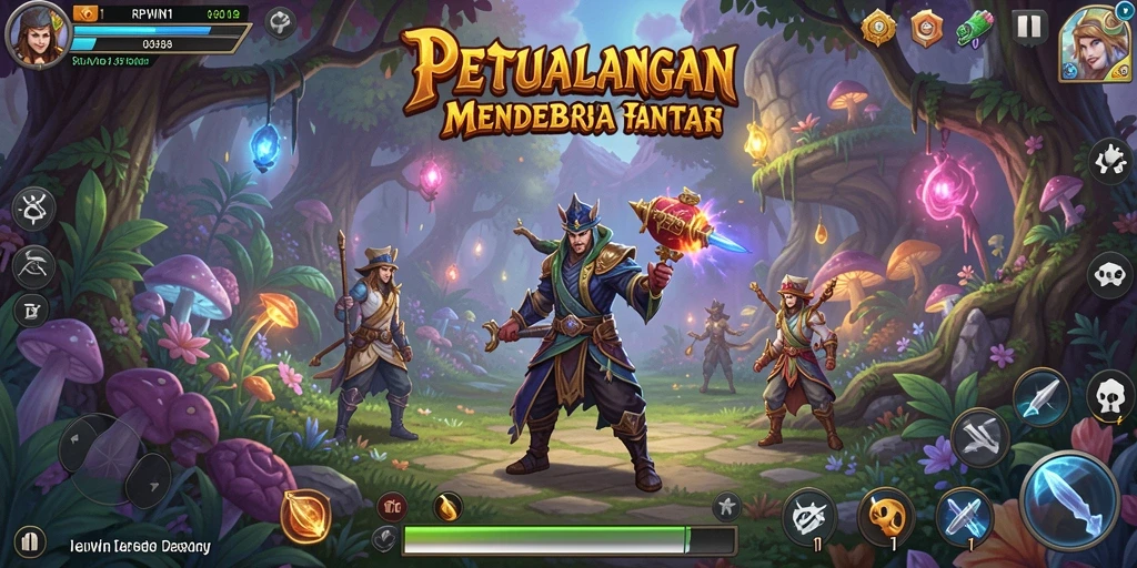 Screenshot utama RPWIN1 yang menunjukkan pertempuran epik dalam suasana RPG.