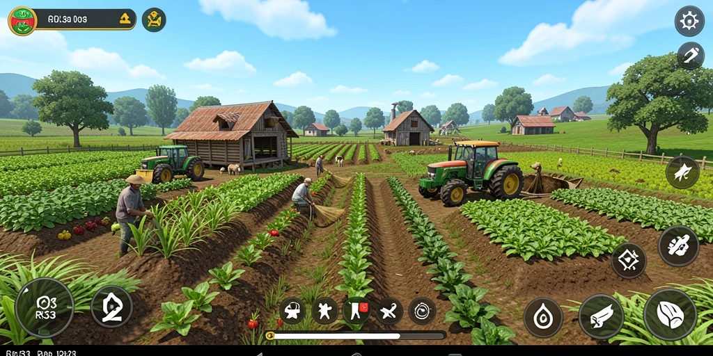 Tangkapan layar gameplay RR33 menampilkan ladang pertanian yang indah dan aktivitas bertani.
